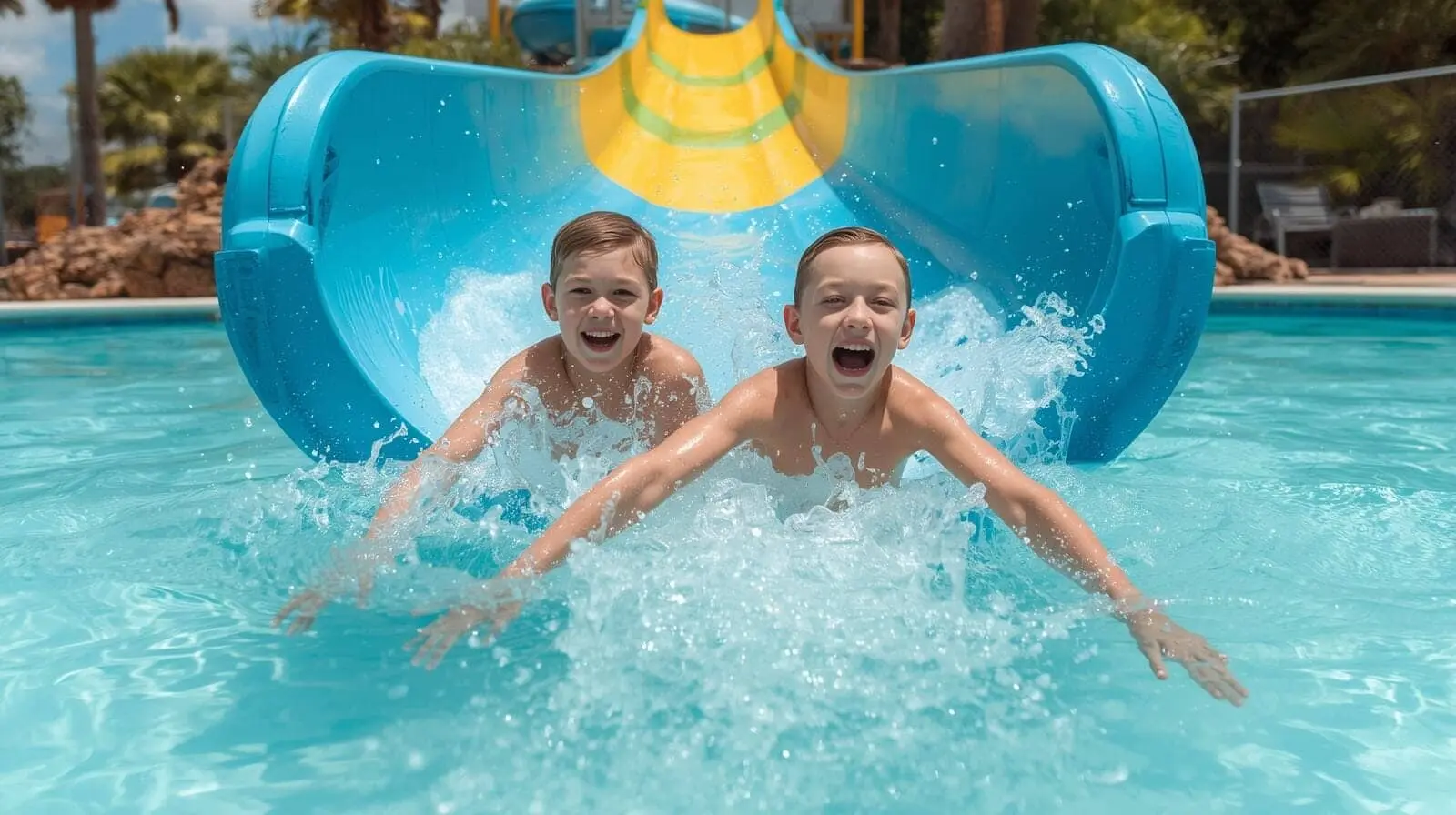 Bambini felici scivolano in piscina su scivolo blu.