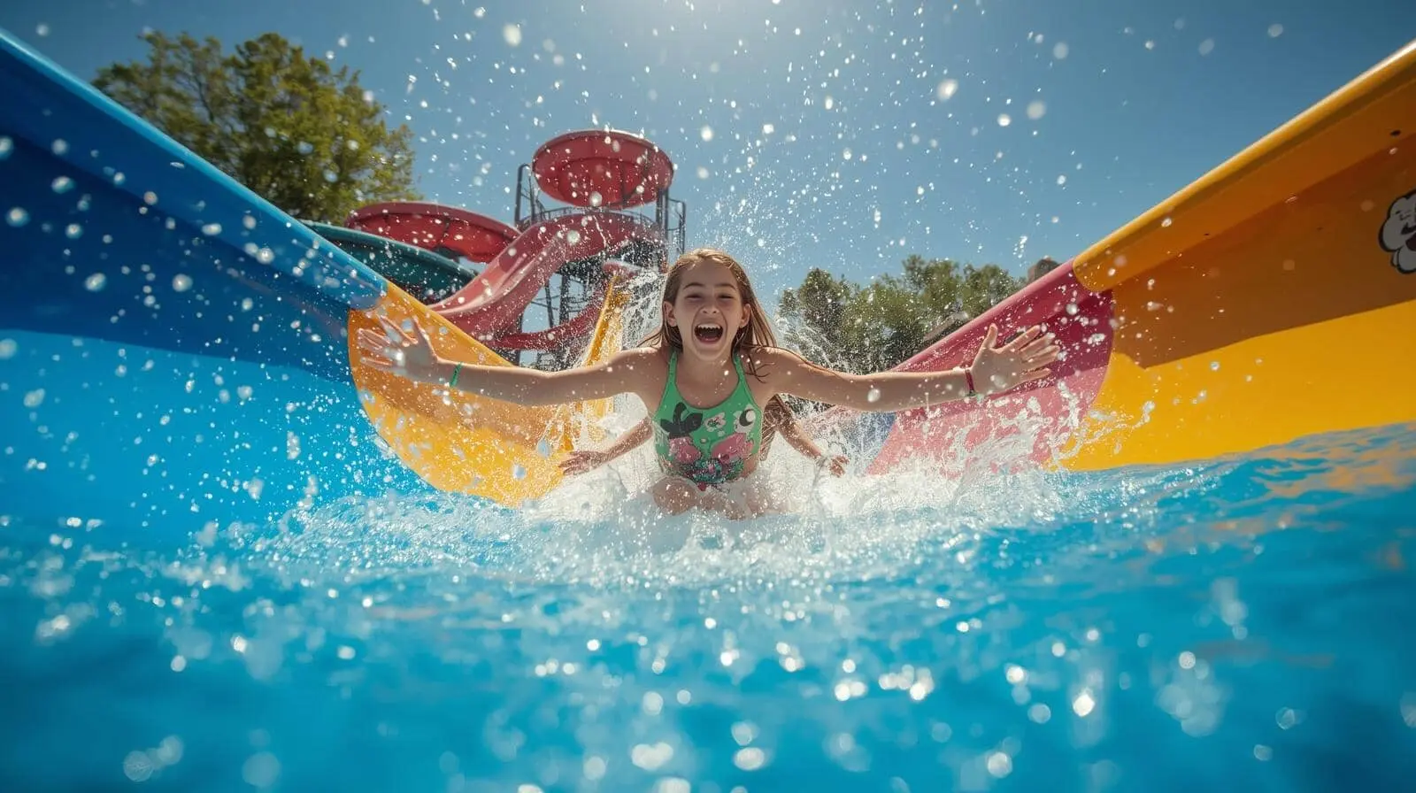 Bambina felice scivola sull'acqua in piscina.