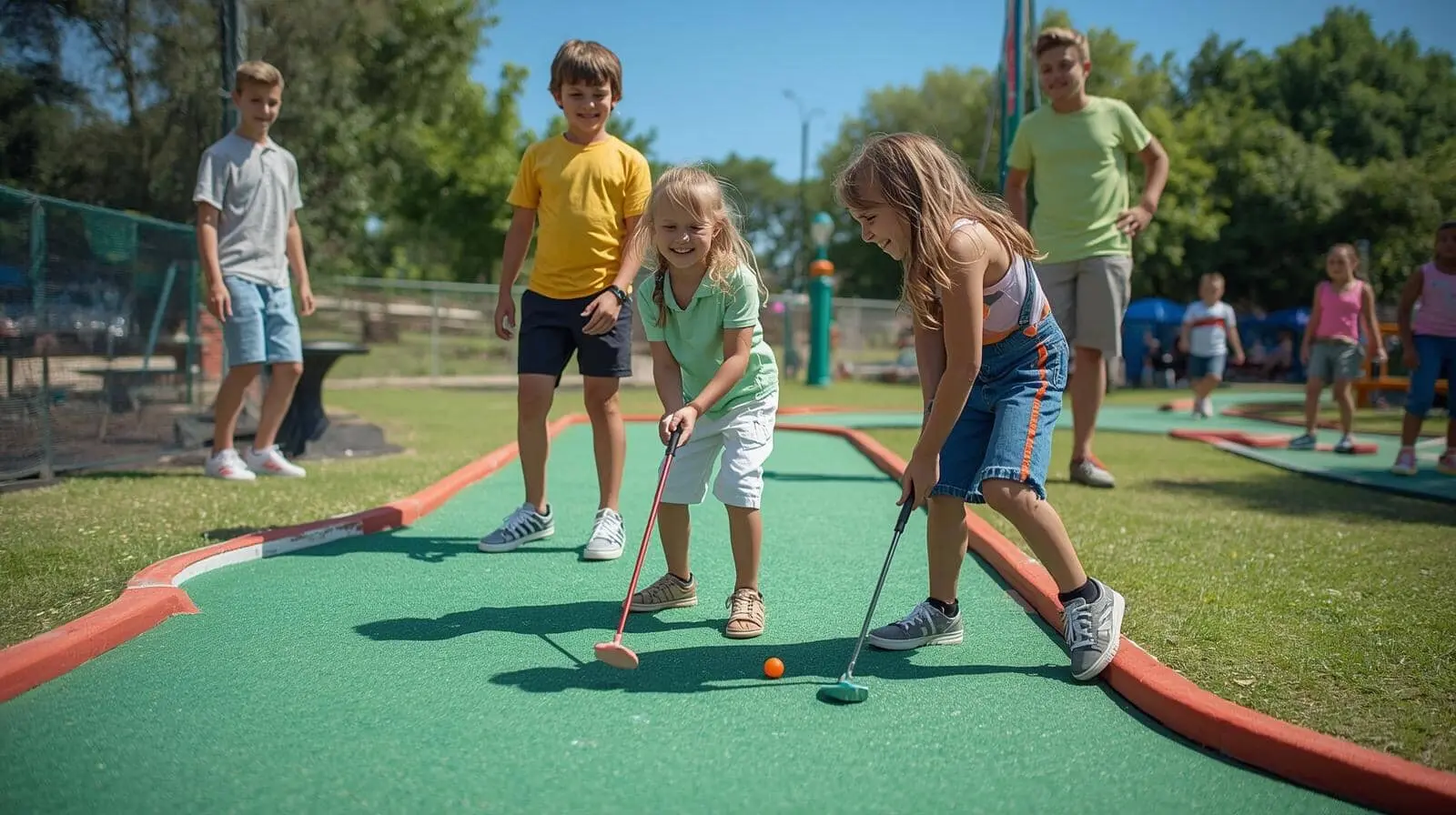 Bambini giocano a mini golf in un parco.