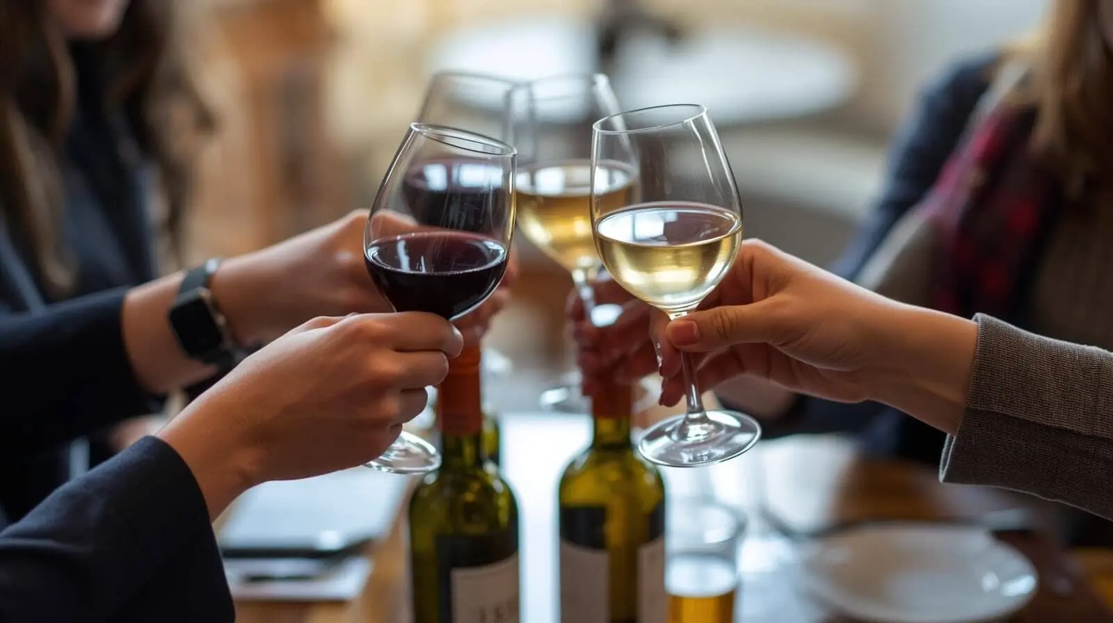Persone brindano con bicchieri di vino rosso e bianco.