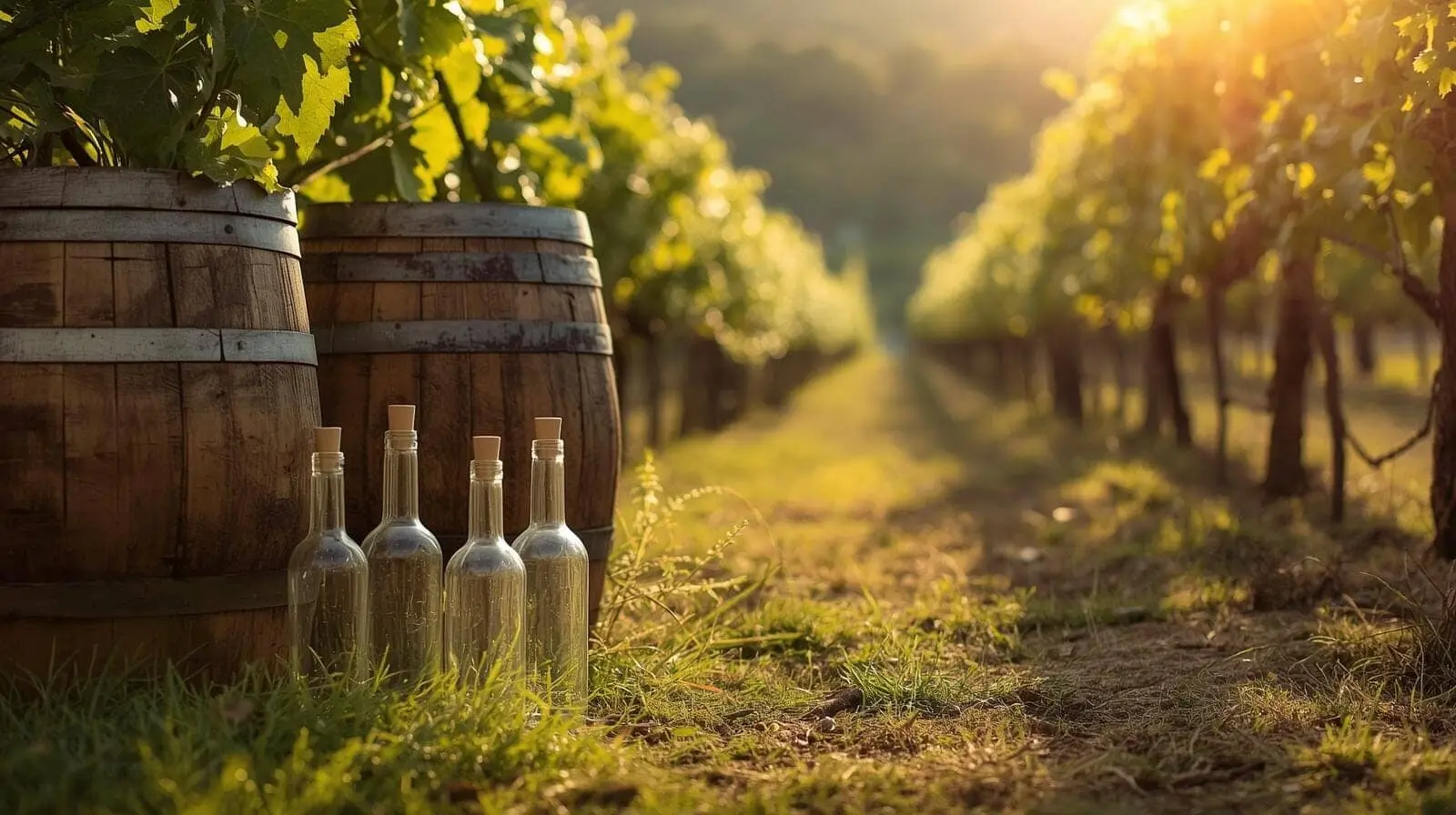 Bottiglie e botti tra i filari di vigneti.